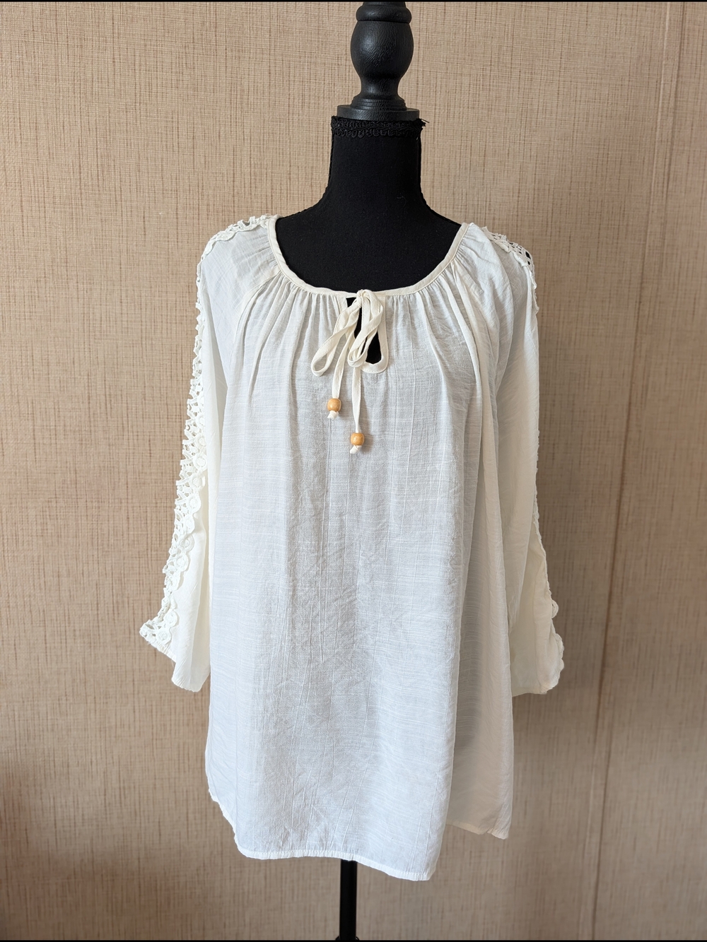 NY Collection Cream Tie-Neck Boho Flowy Blouse with Lace Sleeve Detail